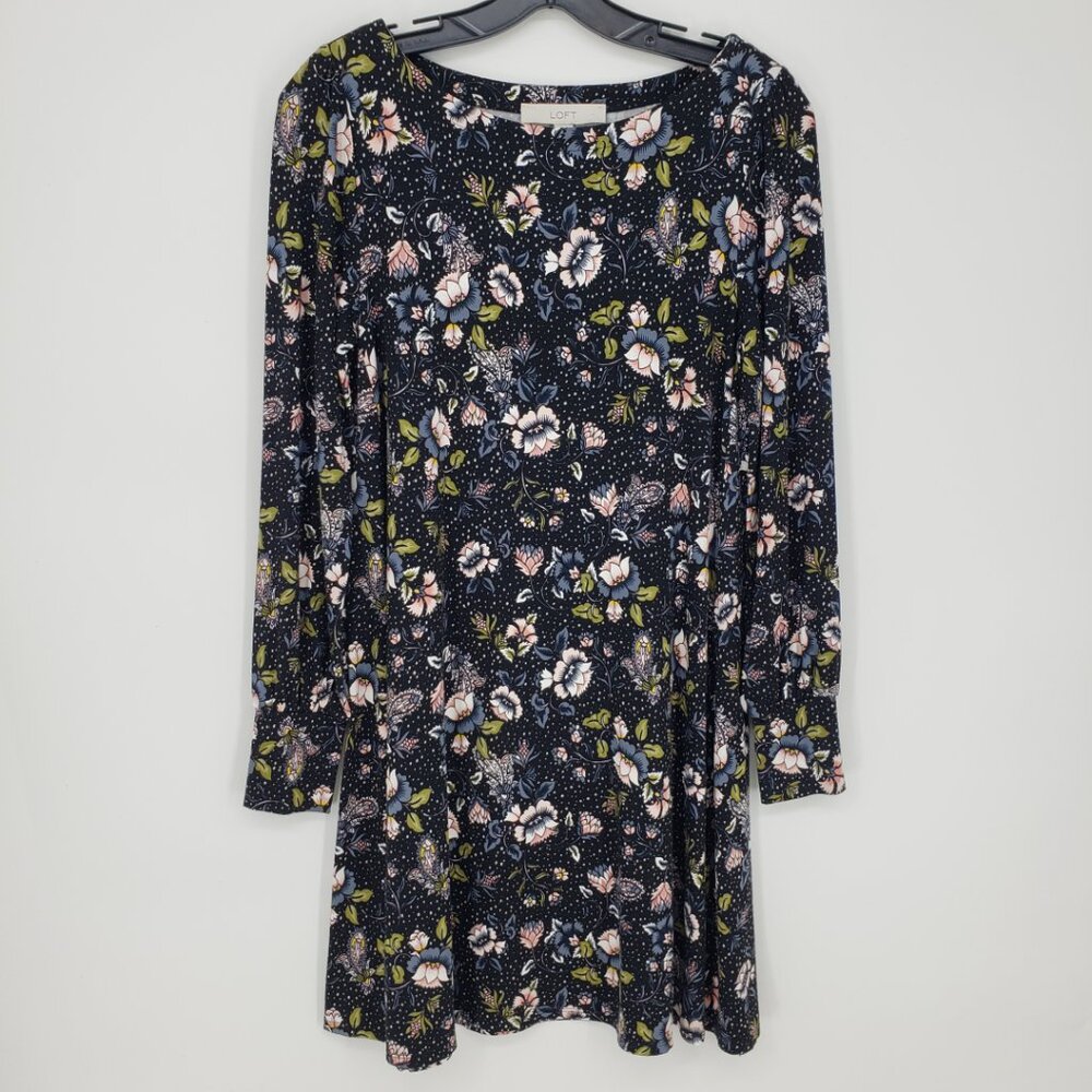 3/$25 LOFT Floral Print Long Sleeve Dress XS A Line Swing‎ Jersey Knit Black
